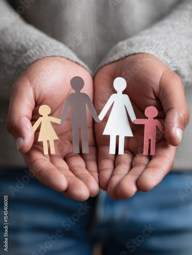 Person is seen holding paper cutout of family. Various contexts, such as family, relationships, diversity, or even advertising campaigns promoting unity and togetherness.