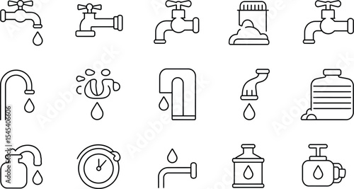 Various line art icons depicting water faucets and water related containers