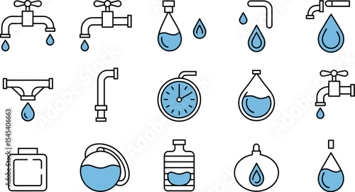 A collection of water related icons including taps pipes and water containers