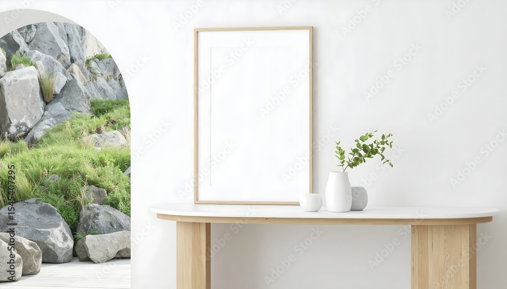 Fototapeta premium Minimal Frame Mockup Over Curved Console. Framed Blank Poster Mockup. Interior Design Mockup