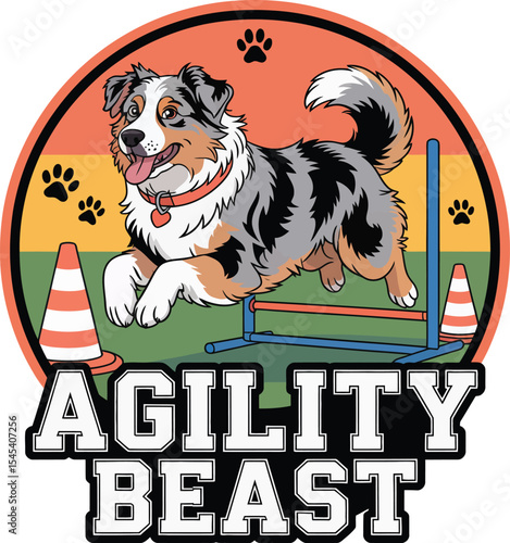 Energetic Australian Shepherd Jumps Over Agility Obstacle Course Displaying Athleticism and Precision in Canine Sports Competition Graphic Design