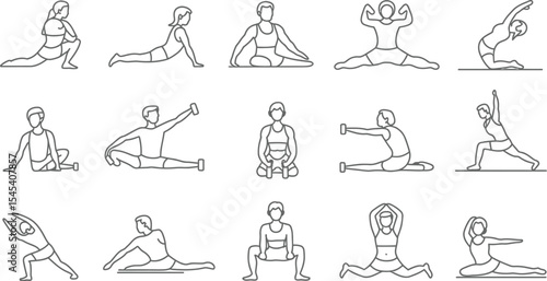 Line art illustration showing various yoga poses and stretching exercises