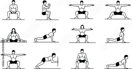 Twelve black and white line drawings showing different yoga poses on white background