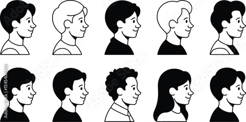 Ten outlined head profiles of diverse individuals in black and white style