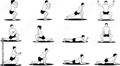 Collection of black and white illustrations showing different stretching poses