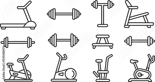 Outline illustration of gym equipment including treadmills and dumbbells