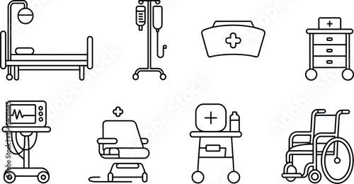 Line art illustration of medical equipment and furniture in a hospital setting