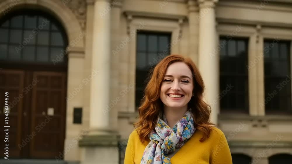 Woman smiling outdoors in front of a large building Woman smiling outdoors in front of a large building