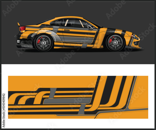 Modern Sports Car with Custom Yellow and Black Racing Stripe Graphics Design