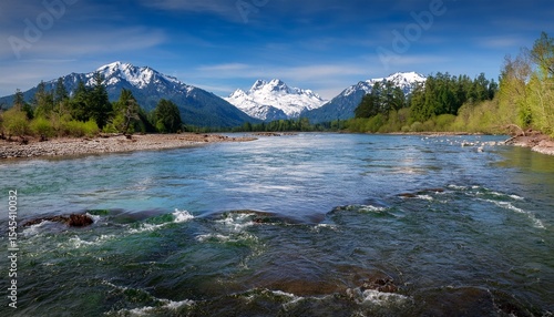 snowcapped cascade mountains while wading in skagit river during spring season