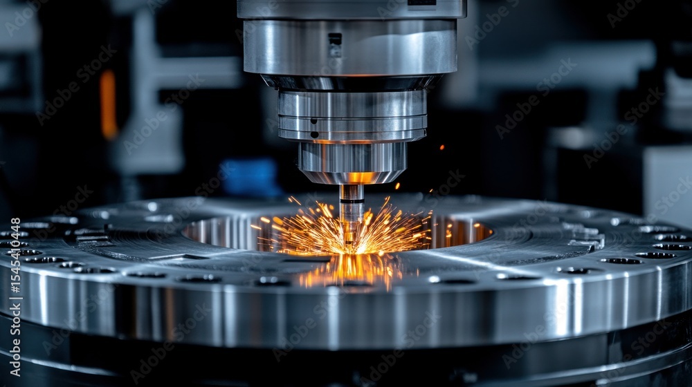 Precision metalworking machine in action. Sparks fly as a tool cuts metal Precision metalworking machine in action. Sparks fly as a tool cuts metal
