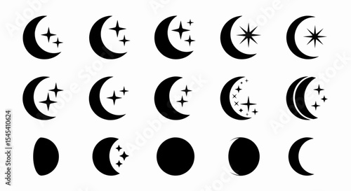 This high-quality vector graphic features fifteen distinct solid black minimalist crescent moon icons with varying star configurations, emphasizing celestial themes and fine details.