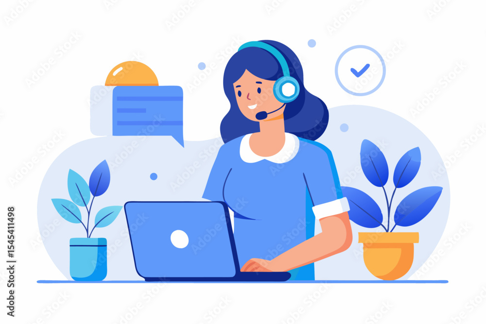 Customer support concept, woman with headphones and laptop, digital communication, office productivity, professional service, vector illustration of workspace. Customer support concept, woman with headphones and laptop, digital communication, office productivity, professional service, vector illustration of workspace.