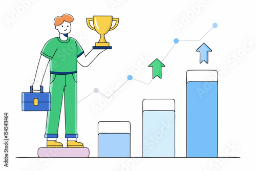Professional success concept, person holding trophy and briefcase near growth chart and arrows, business achievement, corporate goal, office progress, vector illustration of workspace.