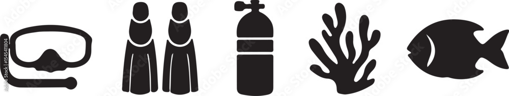 Simple black and white scuba diving icon set depicting underwater ocean elements Simple black and white scuba diving icon set depicting underwater ocean elements