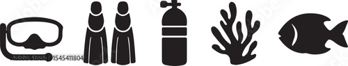 Simple black and white scuba diving icon set depicting underwater ocean elements