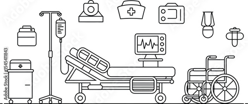 Illustration of hospital equipment including bed iv drip and wheelchair