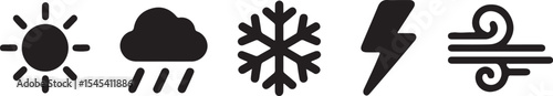 Simple black weather icons representing sun rain snow storm and windy conditions