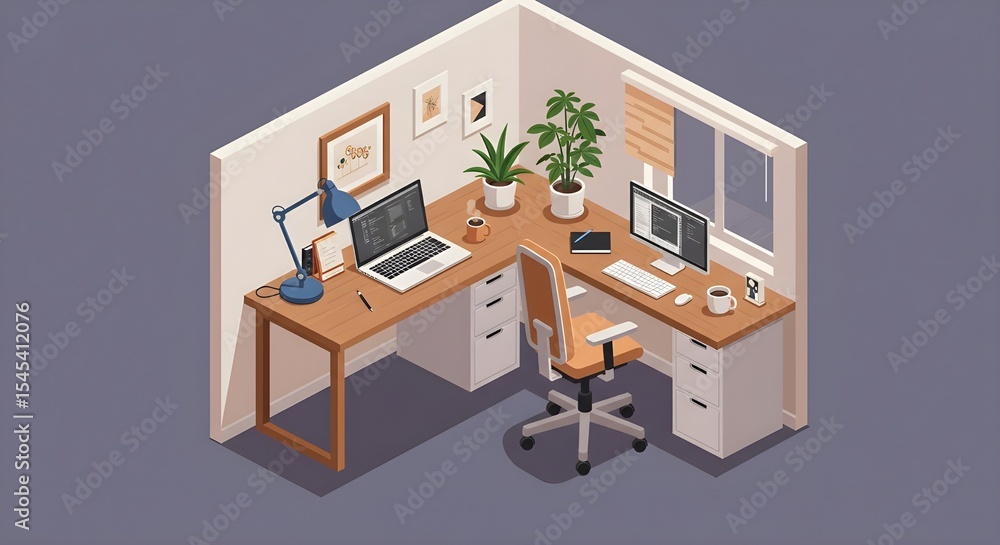 Fototapeta premium Vector Isometric Home Office Setup