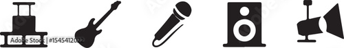 Collection of musical instruments and stage equipment icons for concerts and performances