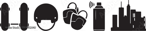 Vector illustration of urban street art and skateboarding icon set in black and white