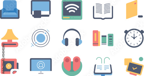 Flat vector icons depicting home office and study related objects set up