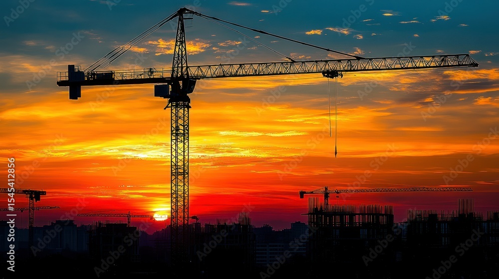 Fototapeta premium Silhouette crane at sunset over construction site