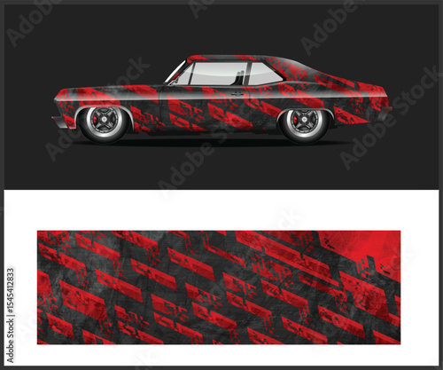 Custom Classic Car with Red and Black Graphic Wrap Design Presentation
