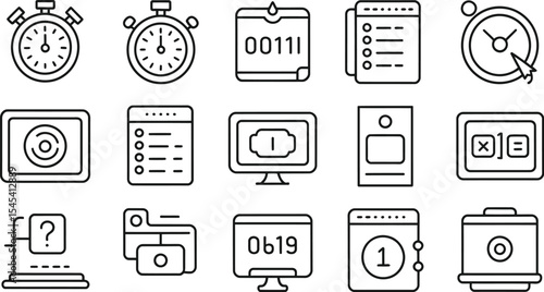 Collection of various outline icons including time, data, and interface elements