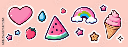 Vector illustration in kawaii cartoon sticker style: includes heart, rainbow, watermelon, strawberry, ice cream, stars and drop. Uses pastel pink, green, blue, yellow.