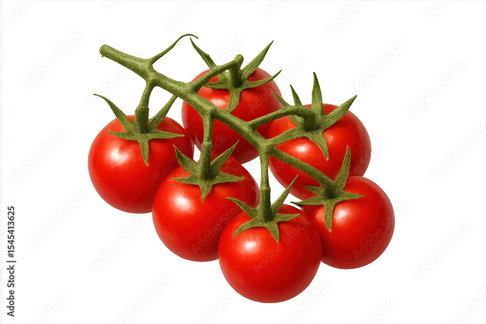 Red cherry tomatoes ripening on vine, featuring glossy surface against transparent backdrop, highlighting fresh organic produce for culinary design Red cherry tomatoes ripening on vine, featuring glossy surface against transparent backdrop, highlighting fresh organic produce for culinary design