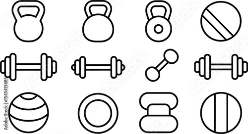 Line art illustration of kettlebells dumbbells and exercise balls fitness items