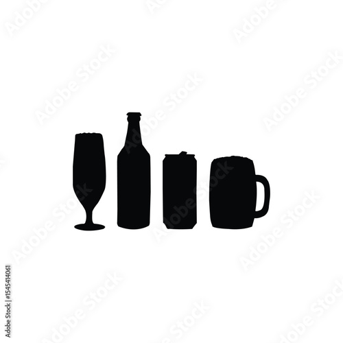 Different Types of Beer Bottles and Glasses. Alcohol Drink Collection Isolated on White Background.