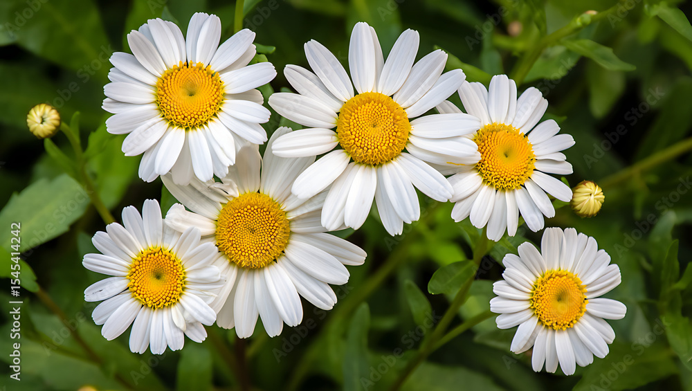 Fototapeta premium Close-up of five white daisies with yellow centers blooming in a garden