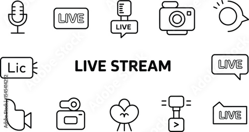 A collection of live stream icons including microphone camera and live text boxes