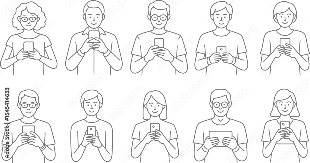 Line art illustration of people using smartphones and tablets on white background Line art illustration of people using smartphones and tablets on white background