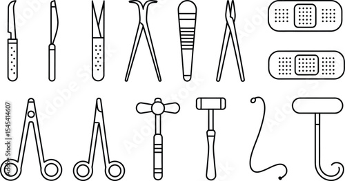 A collection of medical instruments arranged on a white background outline