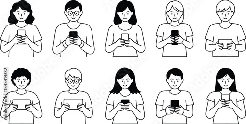 Line art of people using mobile devices like phones and tablets in black and white