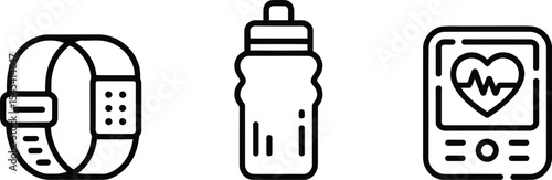Icon set featuring a fitness tracker, water bottle, and heart rate monitor device
