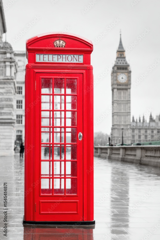 Obraz premium Iconic red telephone booth standing in Westminster with Big Ben in London, UK