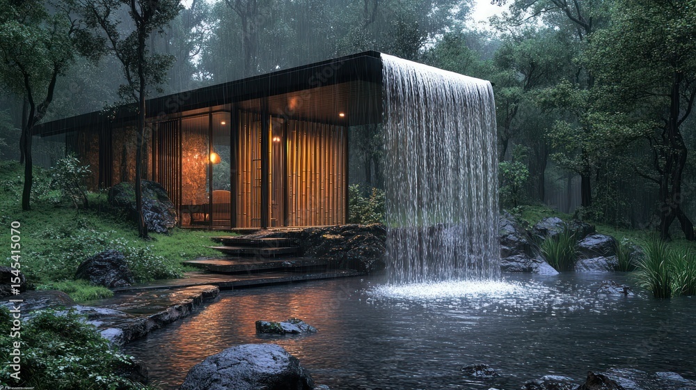 Fototapeta premium Modern cabin, waterfall, tranquil forest