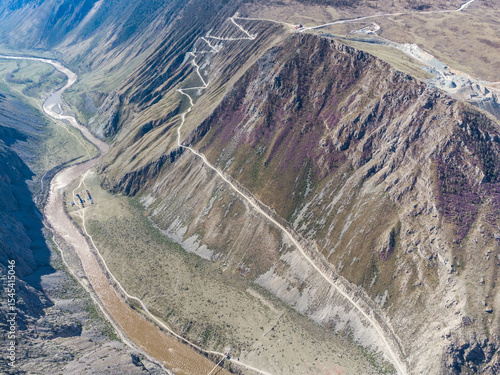 Mountain pass Katu-Yaryk. Valley of the mountain river Chulyshman. Landscape. Mountain dangerous road.
