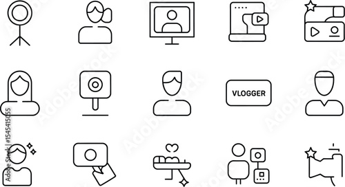 Line art icons representing vlogging equipment and people on a white background