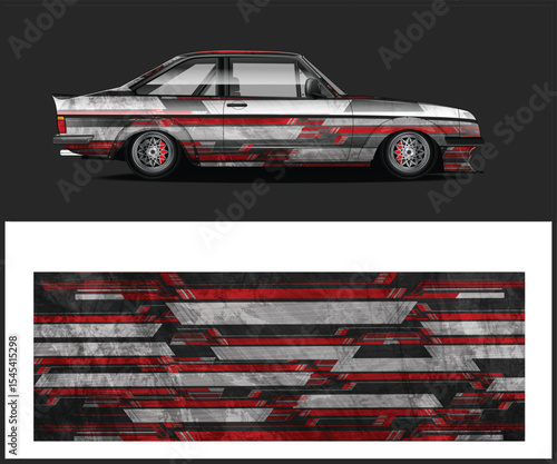 Car Wrap Design with Red and Gray Geometric Pattern on a Classic Vehicle