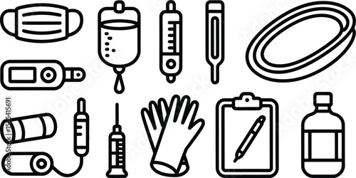 Outlined medical equipment including mask gloves and various instruments