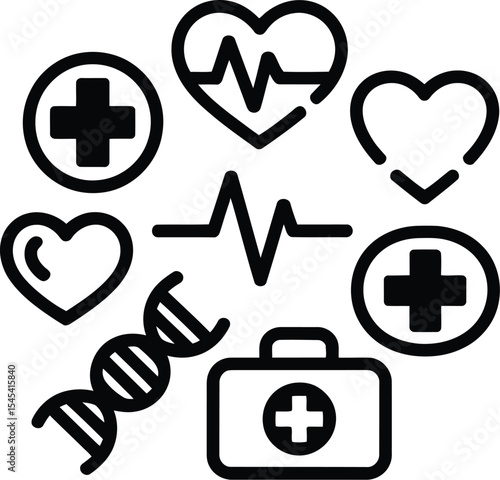 Medical icons in a circular arrangement including hearts and dna strands