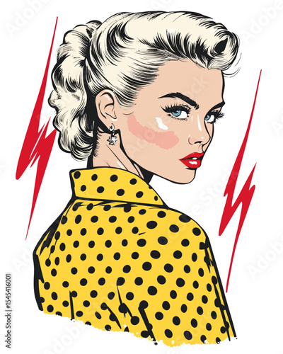 The image features a woman accompanied by a speech bubble, created in a modern comics style with retro pop art influences