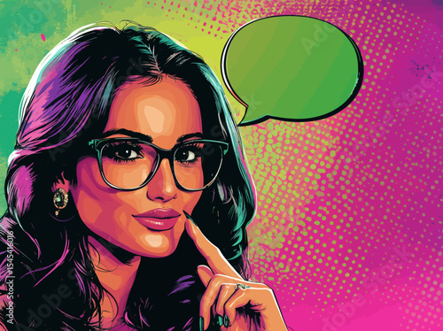 The image depicts a surprised young woman, her face a picture of sexy astonishment, with an open mouth and a hand gesturing towards a speech bubble, all on a vibrant and colorful background in the