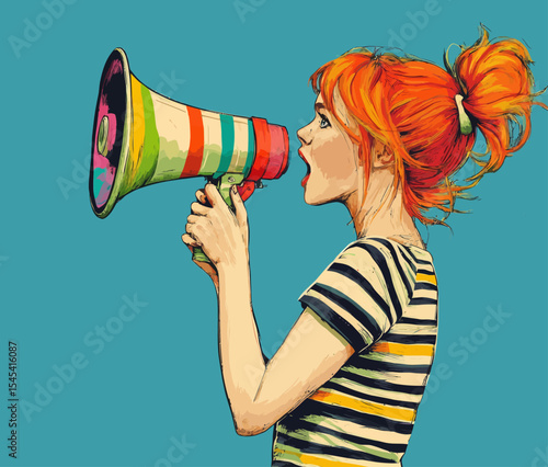 A woman with a loudspeaker is illustrated in pop art style, representing a girl who announces discounts or sales, signifying shopping time, and embodying the spirit of protest, feminism, women's
