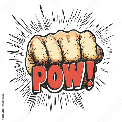 A modern illustration featuring a fist punching in a pop art style, set against a white background and complete with the 'Pow!' sound effect, is suitable for use in posters and flyers